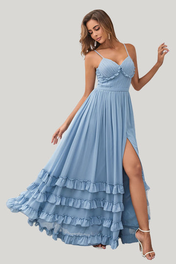 Dusty Blue A Line Spaghetti Straps Long Maxi Dress With Slit
